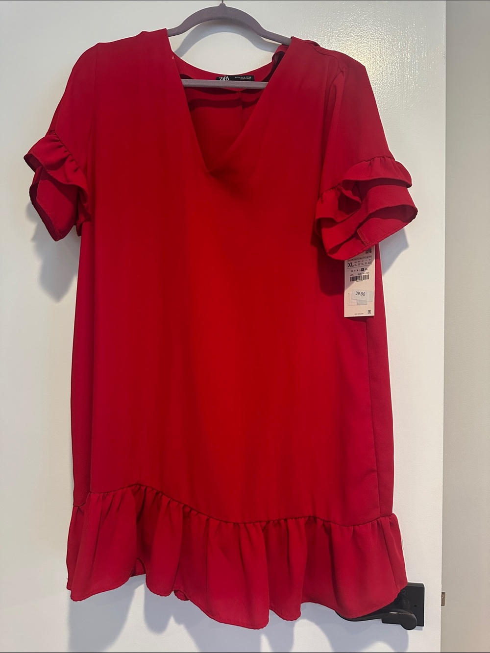 Zara  Red Ruffle Hem V-Neck Tunic